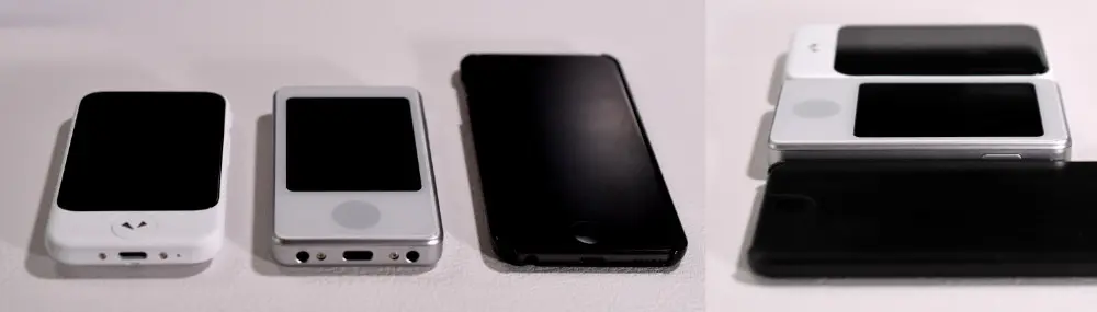 オートメモ(AutoMemoS)とポケトークSと第6世代iPod touchのサイズ比較
iPod touchの方が細長いですが薄いです。3つとも重さはほぼ同じです。