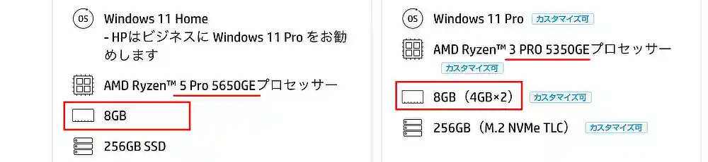 HP ProDesk 405 G8 DM メモリーの違い