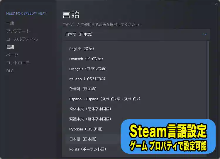 Steam設定のNeed for Speed Heat言語プロパティ